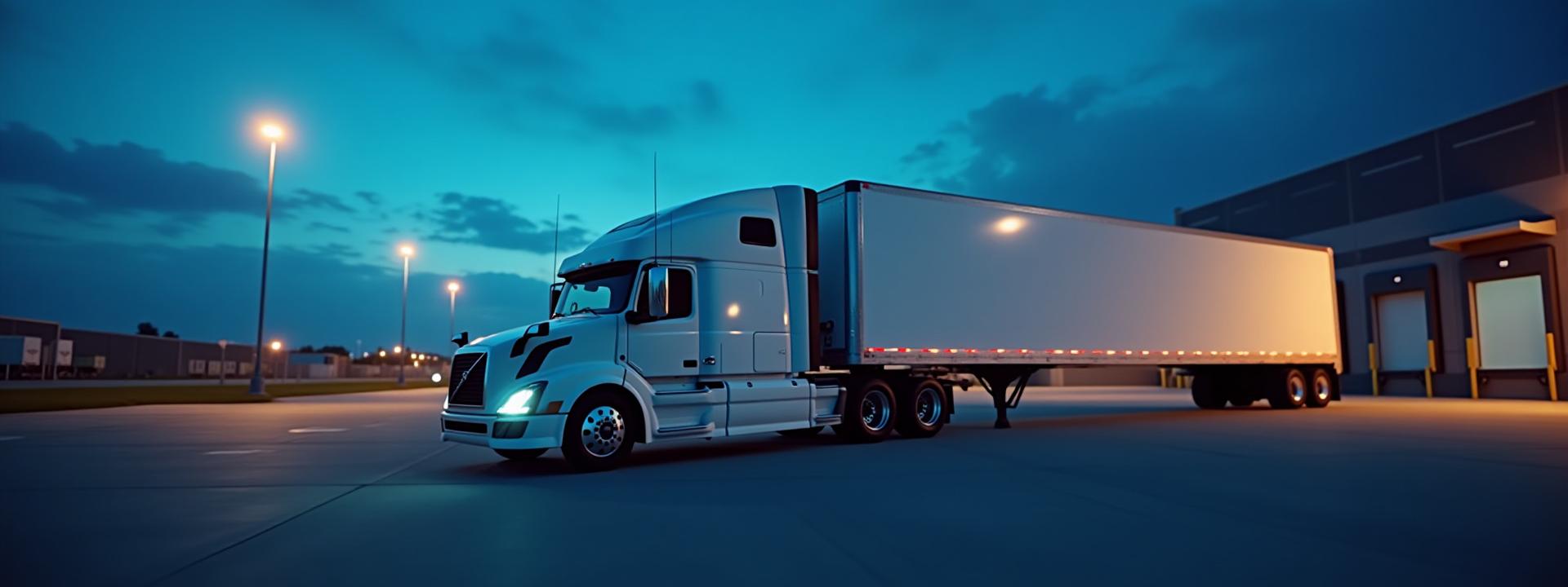 Modern FTL truck being loaded at an industrial warehouse at dusk