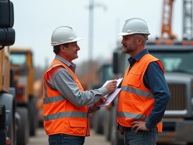 MDH Trucking driver coordinating with a construction site manager in Akron
