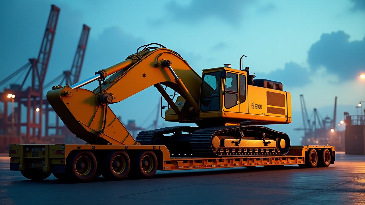 Large excavator loaded onto a heavy-duty RGN trailer in Akron, Ohio
