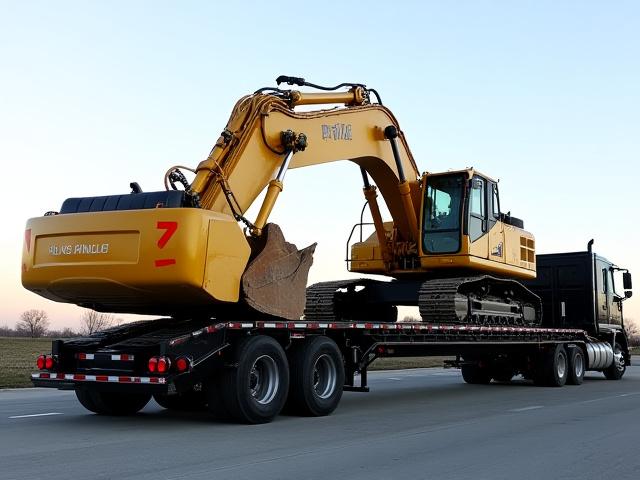 Large construction excavator on RGN trailer