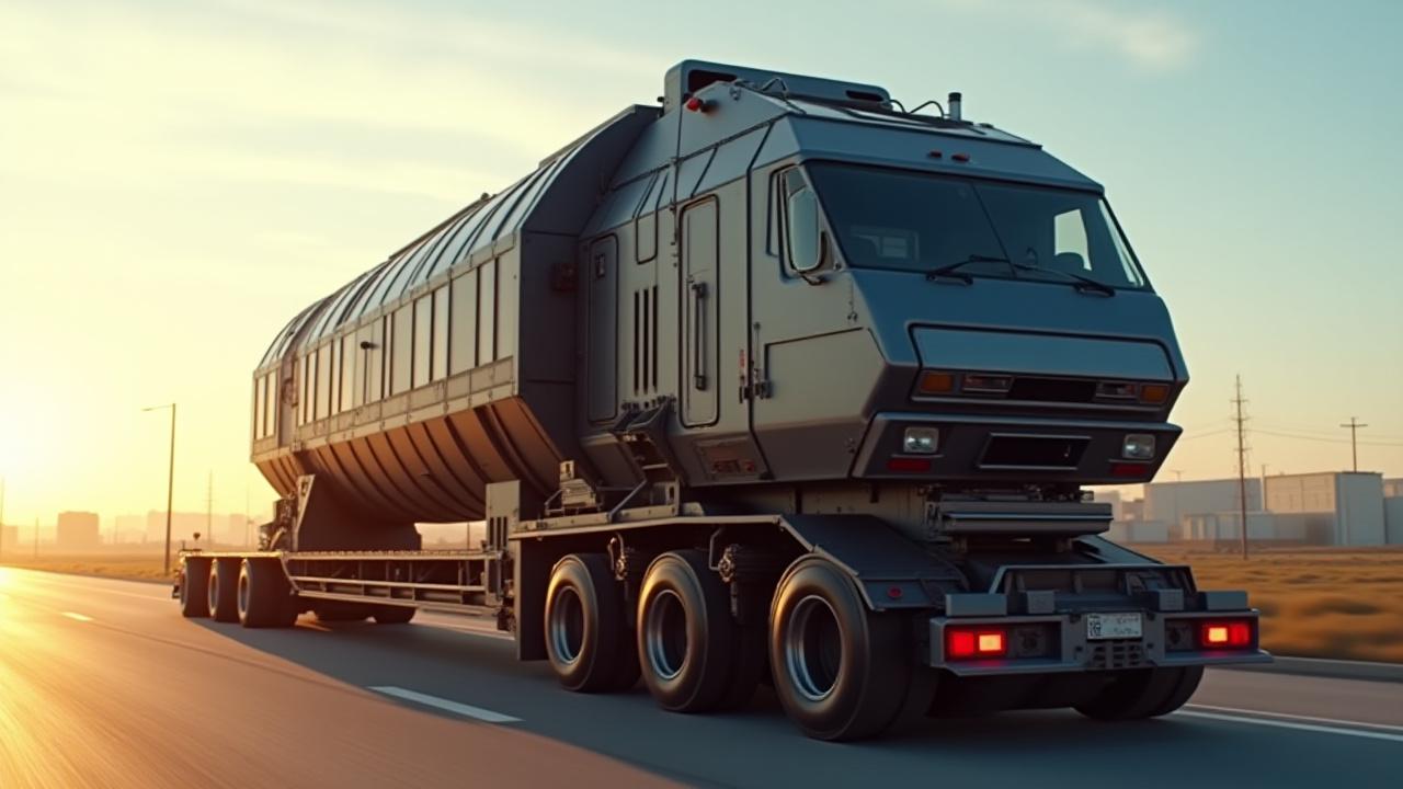 Large industrial machinery being transported on a multi-axle trailer