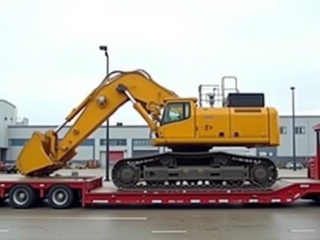 Oversized industrial excavator secured on an MDH heavy haul flatbed