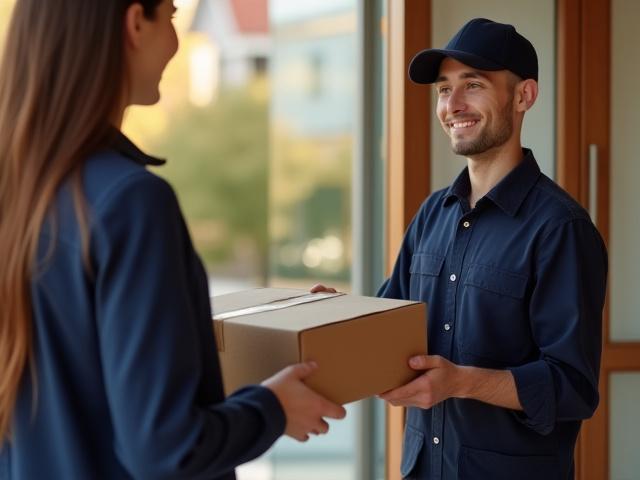 Professional MDH driver delivering a package to a satisfied customer in Akron