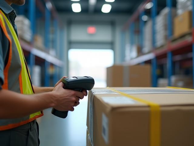 Warehouse worker inspecting palletized goods for LTL shipment